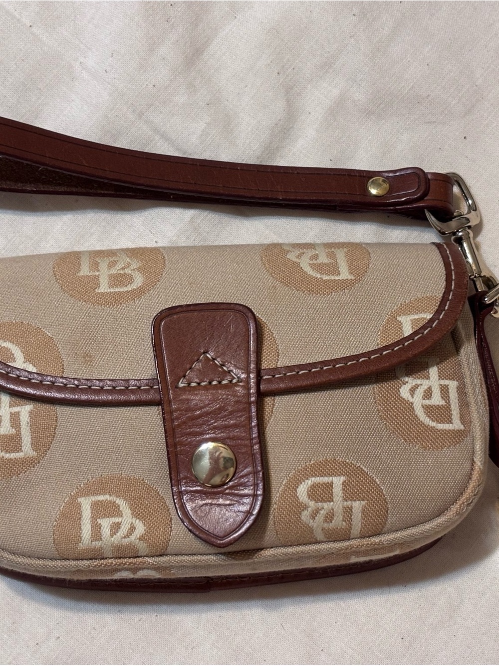 Dooney & Bourke Beige Canvas Logo Wristlet with Brown Trim